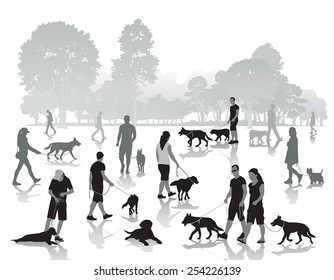 People walking in the park with dogs. Vector illustration