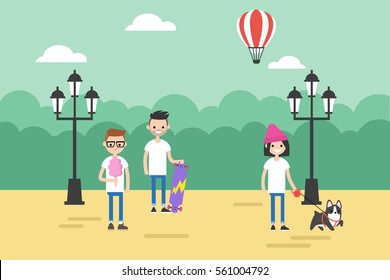 People walking in the park during the day / flat editable vector illustration, clip art