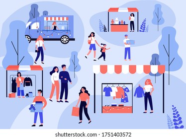 People walking in park during garage sale flat vector illustration. Cartoon man and woman and street season flea market. Community and summer fair concept