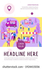 People walking in park during garage sale flat vector illustration. Cartoon man and woman and street season flea market. Community and summer fair concept