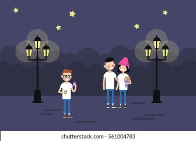 People walking in the park during the night / flat editable vector illustration, clip art