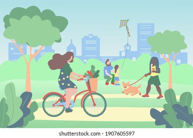 People Walking In The Park. Girl Riding A Bake. Dad And Daughter Are Flying A Kite. African American Girl Walking The Dog. Flat Vector Illustration