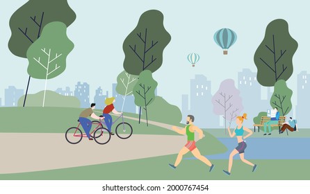 People walking in the park. Girl riding a bake. Dad and daughter are flying a kite. Flat vector illustration
