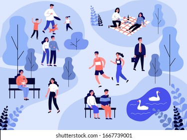 People Walking In Park, Jogging And Eating At Picnic Flat Vector Illustration. Family Playing With Dog. Couple Sitting At Bench Near Pond And Looking At Swans. Summer And Leisure Concept