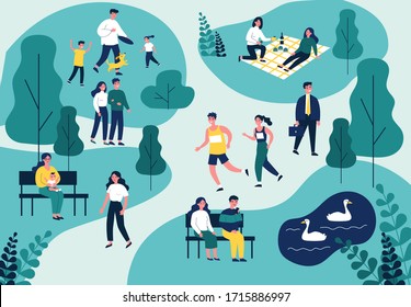 People walking in park, jogging and eating at picnic flat vector illustration. Family playing with dog. Couple sitting at bench near pond and looking at swans. Summer and leisure concept