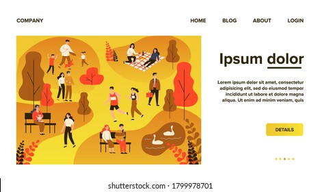 People walking in park, jogging and eating at picnic flat vector illustration. Family playing with dog. Couple sitting at bench near pond and looking at swans. Summer and leisure concept