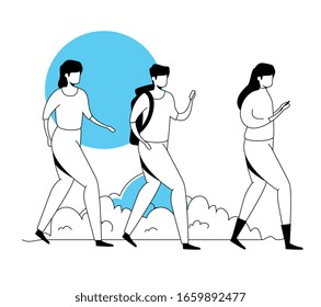 people walking in park landscape vector illustration design