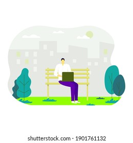 People walking in the park, man sitting on the bench with laptop, Young freelancer working. Leisure and outdoor activity. Vector flat concept illustration
