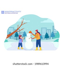 Gente caminando en el parque. Hombres, mujeres y niños realizan actividades de invierno. Panorama de paisaje nevado. Personajes activos esquiando, patinando sobre hielo, jugando bolas de nieve, haciendo snowman. Ilustración vectorial plana.