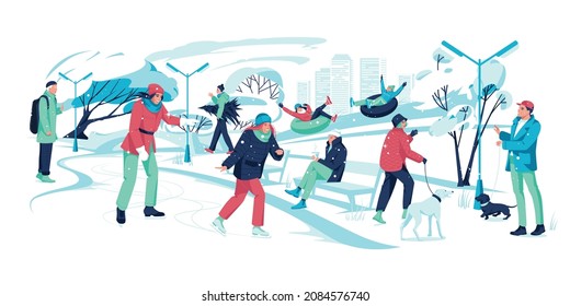 Gente caminando en el parque. Hombres, mujeres haciendo actividades de invierno. Panorama de paisaje nevado. Personajes activos patinando en hielo, montando en snowtubing, caminando con perros, comunicación. Ilustración vectorial plana.
