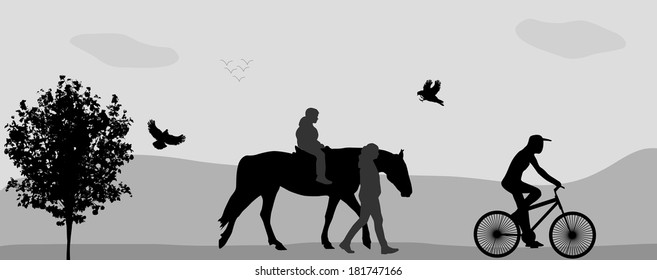 People walking in the park on a horse and bicycle. Vector Illustration.