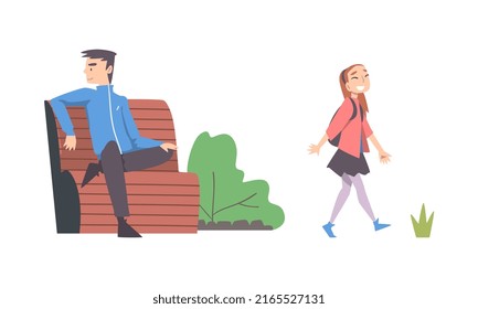 People walking in park set. Elderly man sitting on bench in park, cute girl walking with backpack cartoon vector illustration
