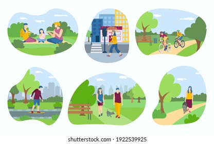 People walking in the park set. Men and women performing leisure outdoor activities, walking dog, riding bike, skateboarding, having picnic cartoon vector illustration