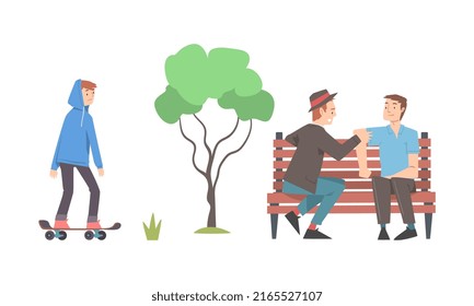 People walking in park set. Teenage boy scateboarding, two men sitting on bench in park cartoon vector illustration