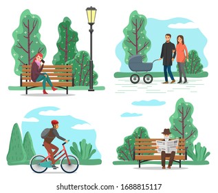 People walking in park, sitting on bench or riding bicycle isolated icons vector. Family with baby carriage or elderly man reading newspaper, green alley. Spring outdoor activities illustration