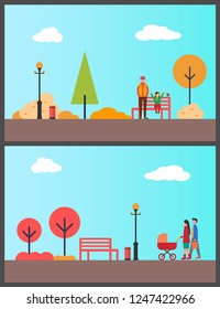 People walking in park with stroller, autumn season vector. Father and daughter playing with bird, family parents with pram strolling along street