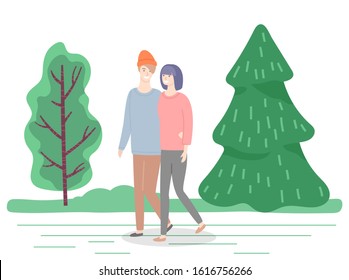 People walking in park in summer, hugging and talking. Man and woman on date in pine forest strolling along greenery. Characters in love spending time outdoors. Pair hugging holding hands vector