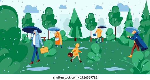 People walking in park under rain. Men, women and children walking with umbrellas dressed in raincoats at rainy day. Spring or summer season concept cartoon vector illustration