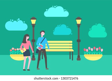 People walking in park vector, benches and lanterns, flower bed with plants, outdoors activities. Street with place to sit, couple man and woman strolling