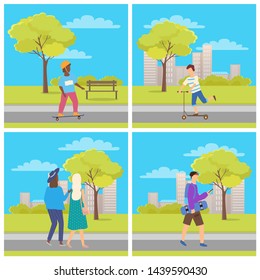 People walking in park vector, characters with skateboards leading active lifestyle, city life urban cityscape and nature of spring town paths and roads