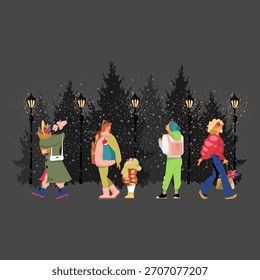 Personas están caminando en el parque. Vector Imagen aislada de diferentes personas. Abeto. Nieve. Linternas ardientes