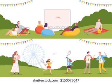 People Walking in the Park Watching Film and Having Picnic Enjoying Leisure Activity Vector Illustration Set