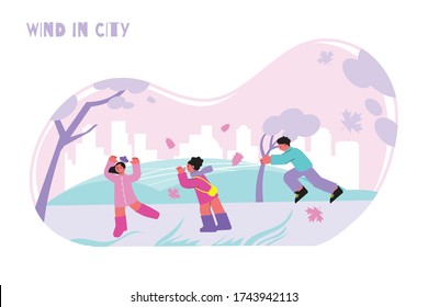 People walking in park in windy weather flat vector illustration
