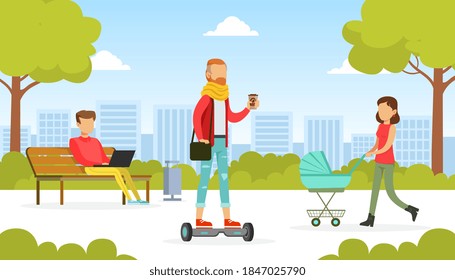 People Walking In Park, Young Man Riding Gyro Board, Woman Pushing Pram With Her Newborn Baby, Man Sitting On Bench And Working With Laptop Computer Vector Illustration