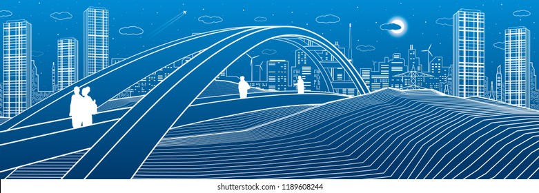 People walking at pedestrian bridge. City skyline. Modern night town. Infrastructure illustration, urban scene. White lines on blue background. Vector design art 