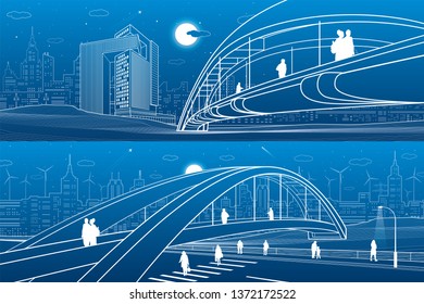 People walking at pedestrian bridge. City skyline. Modern night town. Infrastructure illustration set, urban scene. White lines on blue background. Vector design art 