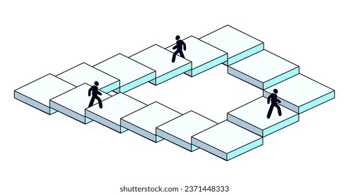 People walking up Penrose stairs. Impossible staircase, optical illusion. 3d illustration of a staircase, forming a continuous loop. Vector illustration in flat style, isolated on white background