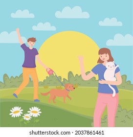 people walking with pets cartoon