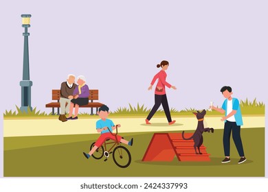 People walking, playing, riding bicycle at city park. Activities outdoors concept Colored flat vector illustration isolated.