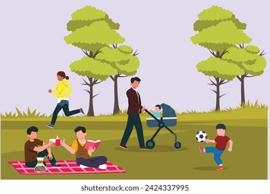 People walking, playing, riding bicycle at city park. Activities outdoors concept Colored flat vector illustration isolated.