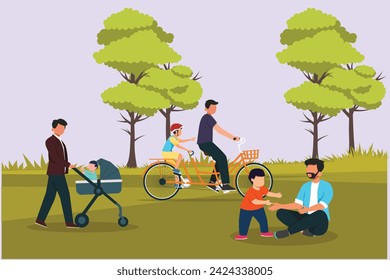 People walking, playing, riding bicycle at city park. Activities outdoors concept Colored flat vector illustration isolated.