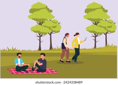 People walking, playing, riding bicycle at city park. Activities outdoors concept Colored flat vector illustration isolated.