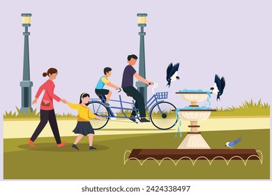 People walking, playing, riding bicycle at city park. Activities outdoors concept Colored flat vector illustration isolated.
