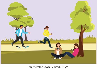 People walking, playing, riding bicycle at city park. Activities outdoors concept Colored flat vector illustration isolated.