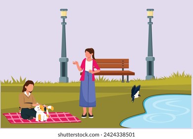 People walking, playing, riding bicycle at city park. Activities outdoors concept Colored flat vector illustration isolated.