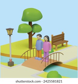 Gente caminando, jugando, montando bicicleta en el parque de la ciudad. Actividades al aire libre concepto. Estilo de dibujos animados de objeto 3D realista.