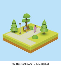 People walking, playing, riding bicycle at city park. Activities outdoors concept. Realistic 3d object cartoon style.