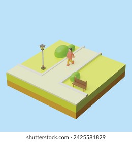 People walking, playing, riding bicycle at city park. Activities outdoors concept. Realistic 3d object cartoon style.