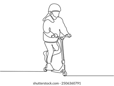 Personas caminando, jugando, montando scooters en el parque, dibujo de línea continua, Vector simple.