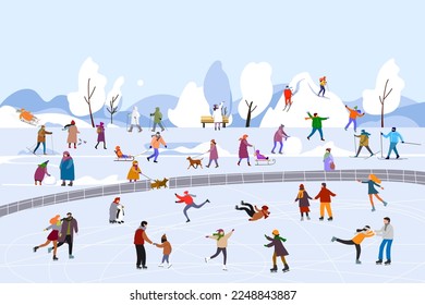  People walking, playing, skiing and sledding outdoors.Active people in the winter park. People in the park, children playing in the park, making snowman, skating, playing hockey, walking dog.Vector.