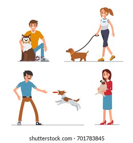 People walking and playing with their dogs. Flat style vector illustration isolated on white background.