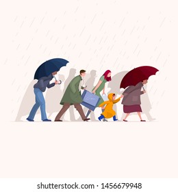 People walking in the rain. Rainy day in autumn season. Man, woman and kid characters vector flat illustration.