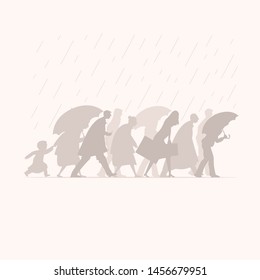 People walking in the rain. Rainy day in autumn season. Man, woman and kid silhouette characters vector flat illustration.