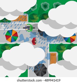 People walking in the rain. Top view. Vector illustration.