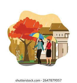 Pessoas andando na chuva. Duas mulheres andando debaixo de um guarda-chuva em um dia chuvoso.