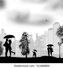 People walking in rain with umbrellas on city park, vector illustration